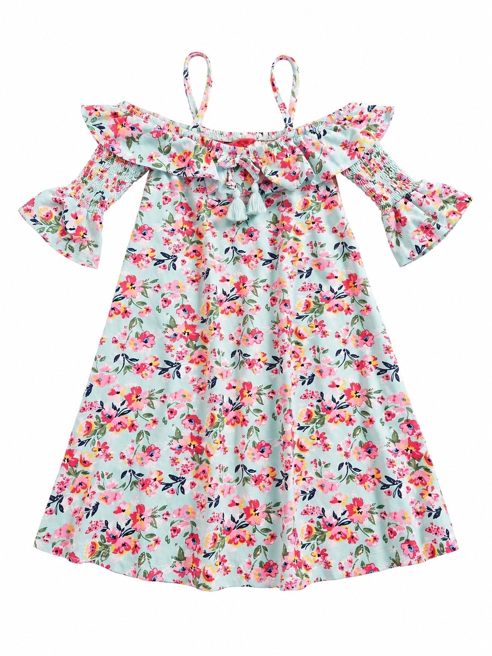 Girls Floral Off-Shoulder Casual Dress with Tassel Tie - Mint Pink